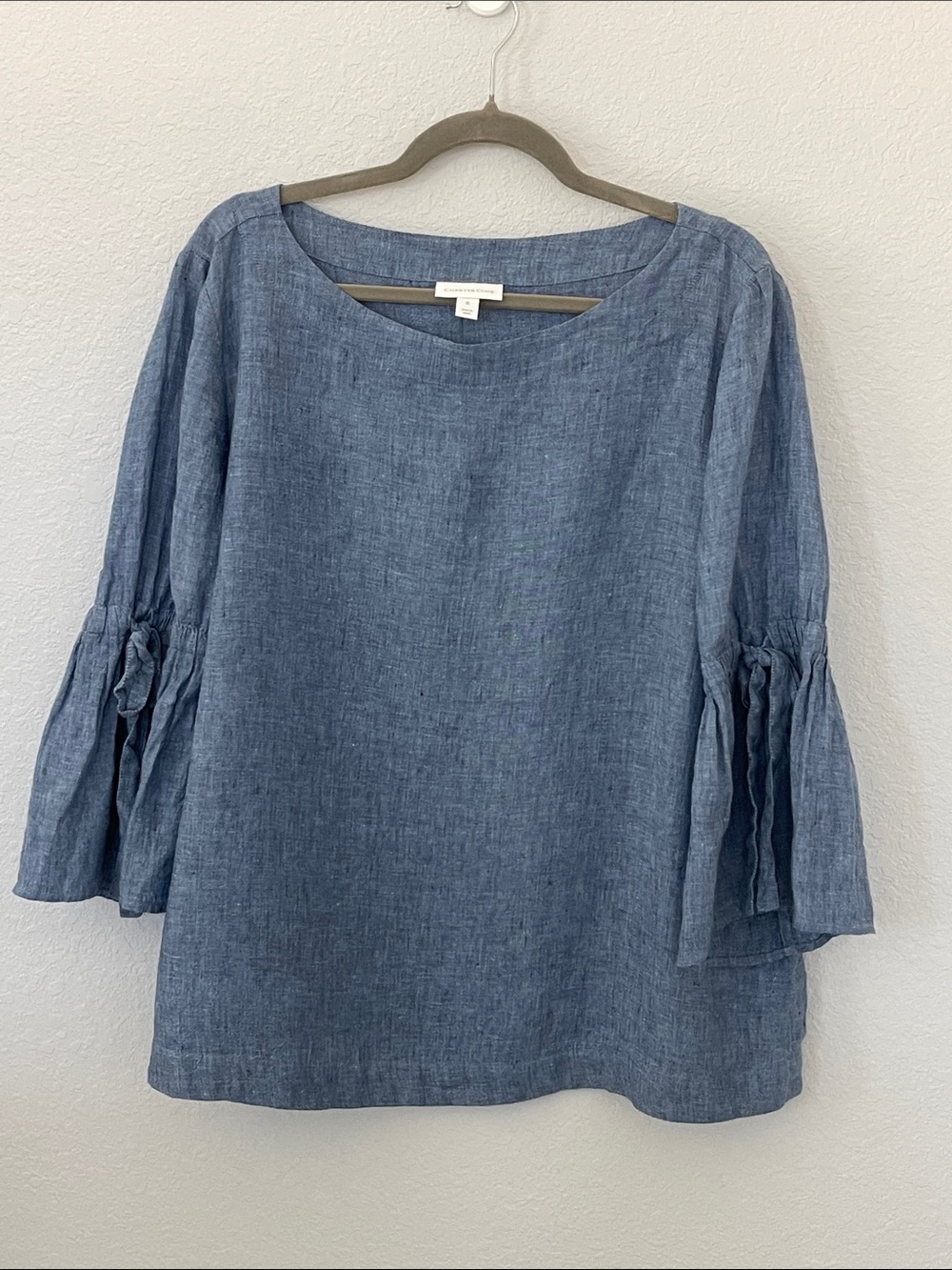Charter Club 100% Linen Blue Bell Sleeve Tie Blouse Top XL